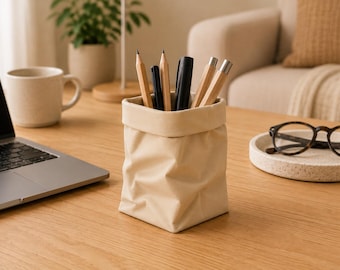 Crumpled Paper Bag Pencil Holder, 3D Printed Desk Organizer, Modern Pen Cup, Unique Office Decor, Funny Gift for Coworker