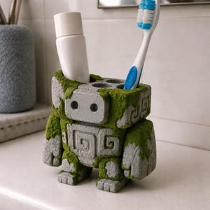 Moss Covered Ruin Guardian Toothbrush Holder, Hand-Painted 3D Printed Stone Statue Vanity Decor
