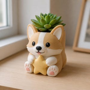 May include: A tan and white corgi-shaped planter featuring a small green succulent plant. The corgi has black eyes, a black nose, a small tongue, and is holding a yellow star. The paws have pink pads, and the texture of the planter is visible.