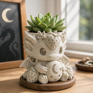 May include: A cream-coloured, 3D-printed planter shaped like a baby dragon holding a crescent moon disc, adorned with strawberry motifs and small flowers. A green succulent plant is potted inside the dragon figure, which sits on a round wooden base.