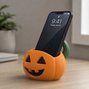 Soporte para teléfono impreso en 3D con diseño de calabaza otoñal, soporte de escritorio de PLA colorido para smartphone, decoración de oficina otoñal y accesorio funcional para el espacio de trabajo.