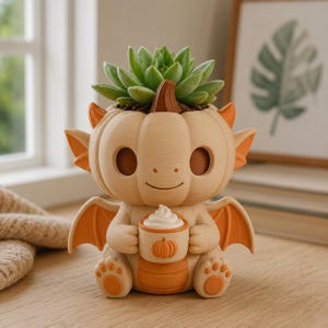 Doniczka w kształcie smoka Pumpkin Spice, ręcznie malowana, drukowana w 3D doniczka na sukulenty, dekoracja biurka w stylu fantasy