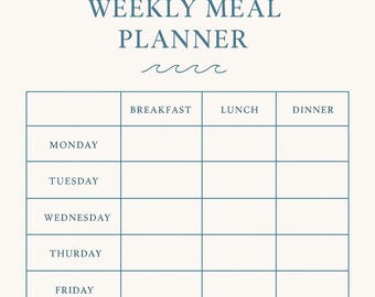 May include: A weekly meal planner with a cream background and teal blue text and lines. The top of the planner reads "WEEKLY MEAL PLANNER" above the days of the week. The planner includes space for breakfast, lunch, and dinner, with a notes section at the bottom.