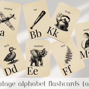 Tarjetas didácticas del abecedario vintage: tarjetas imprimibles inspiradas en Charlotte Mason y Montessori para niños pequeños, preescolar, jardín de infantes y educación en casa.