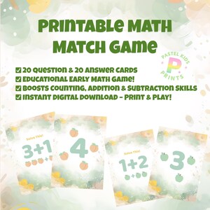 Printable Math Match Game for Kids | Math Learning Activity | Counting Addition Subtraction | Preschool Homeschool Game | Digital Download