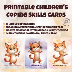 Druckbare Fertigkeitskarten für Kinder | Calm Down Corner Werkzeug | Emotionale Regulation & SEL Karteikarten | Süße Katze Digital Download