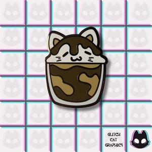 May include: A brown and tan cat-shaped coffee cup pin with a smiling face. The pin has a white border and is set against a grid background with cat silhouettes. The text "Glitch Cat Graphics" is at the bottom.