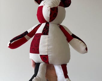 Quilt scrap bear; Upcycled sustainable toy made from cutter quilt scraps; Red, Black, and White themed quilt scraps
