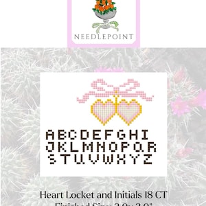 May include: A needlepoint design featuring two pixelated hearts with a pink bow, and the alphabet in a pixelated font. The text reads "Heart Locket and Initials 18 CT Finished Size: 2.0x 2.0" and the Arcadia Needlepoint logo.