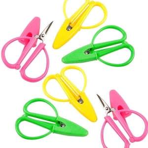 May include: A collection of colorful craft scissors in pink, yellow, and green. Each pair has a protective cover and loop handles for easy grip. The blades are silver and sharp, ideal for various crafting projects.