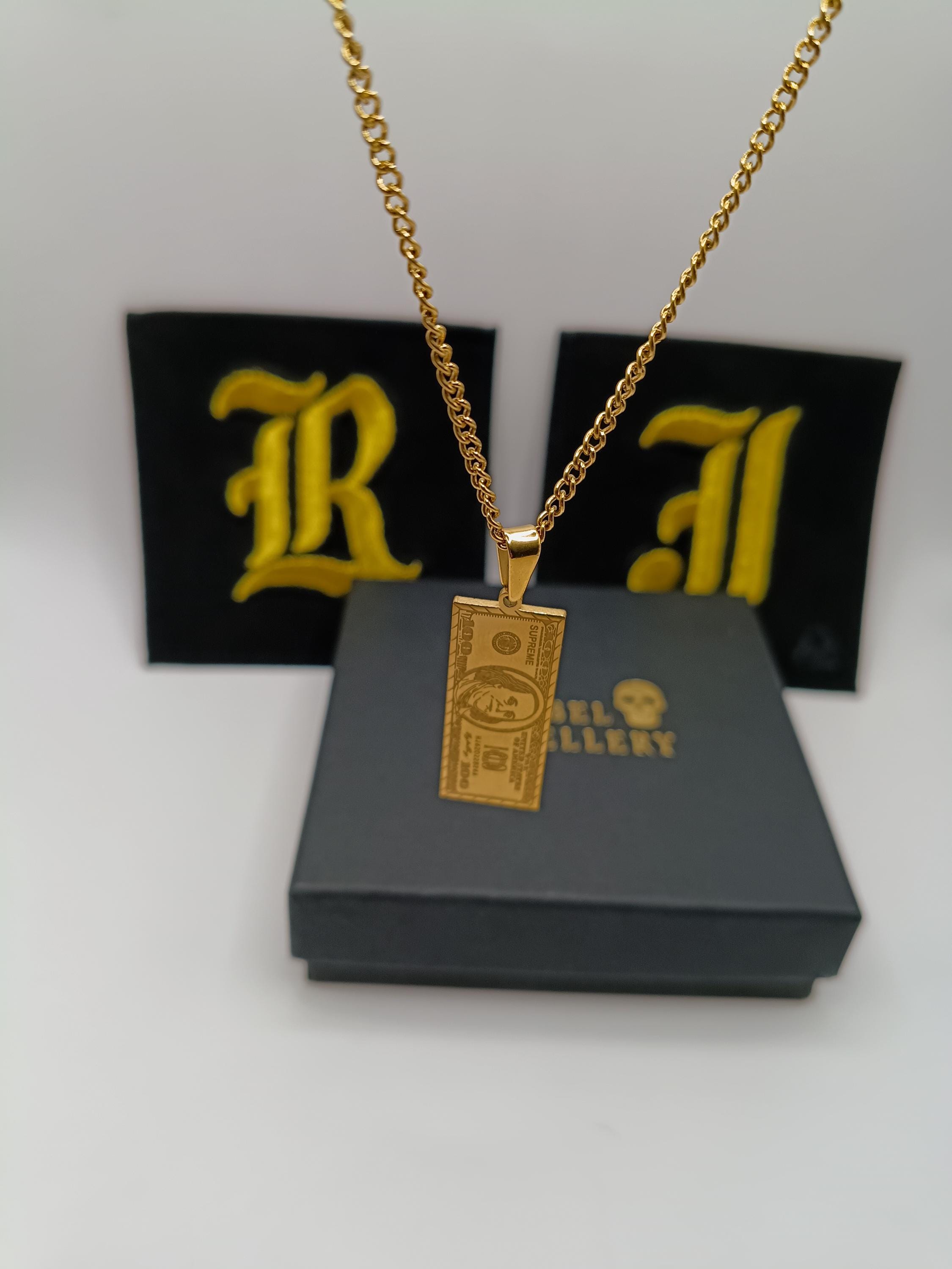 18k Gold USA USD 100 Dollar Bill Pendant Necklace, Stainless Steel