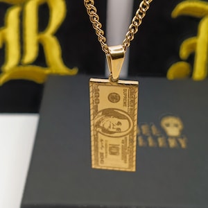 18k Gold USA USD 100 dollar bill Pendant Necklace, Stainless Steel Curb Chain (55cm)