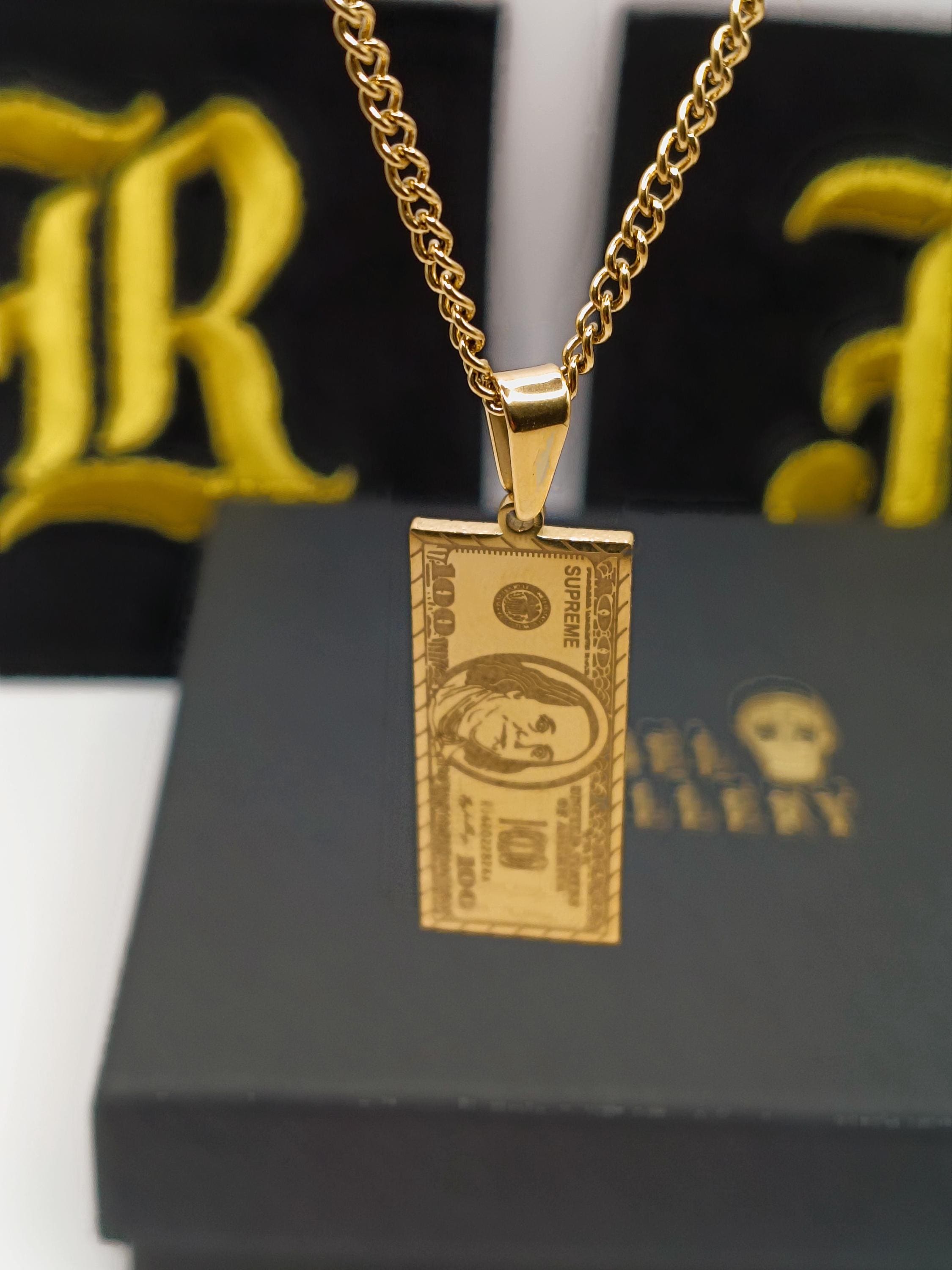 18k Gold USA USD 100 Dollar Bill Pendant Necklace, Stainless Steel