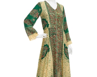 Vintage 70’s Rare Indian Green Psychedelic Print Flared Sleeves Empire Waist Full Skirt BATIK Pashmina Gown Gypsy Goddess Caftan Maxi DRESS