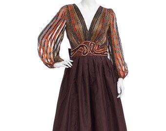 Vintage 70’s Brown Psychedelic Print Metallic Poet Sleeves Silk BEADED Empire Waist Full Skirt Taffeta Evening Gown Princess Maxi DRESS