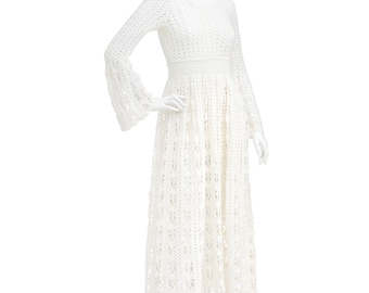 Vintage 70’s Ethereal Ivory CROCHET Lace Bell Sleeves Peekaboo Empire Waist Hippie Boho Wedding Party Full Skirt Festival Maxi DRESS