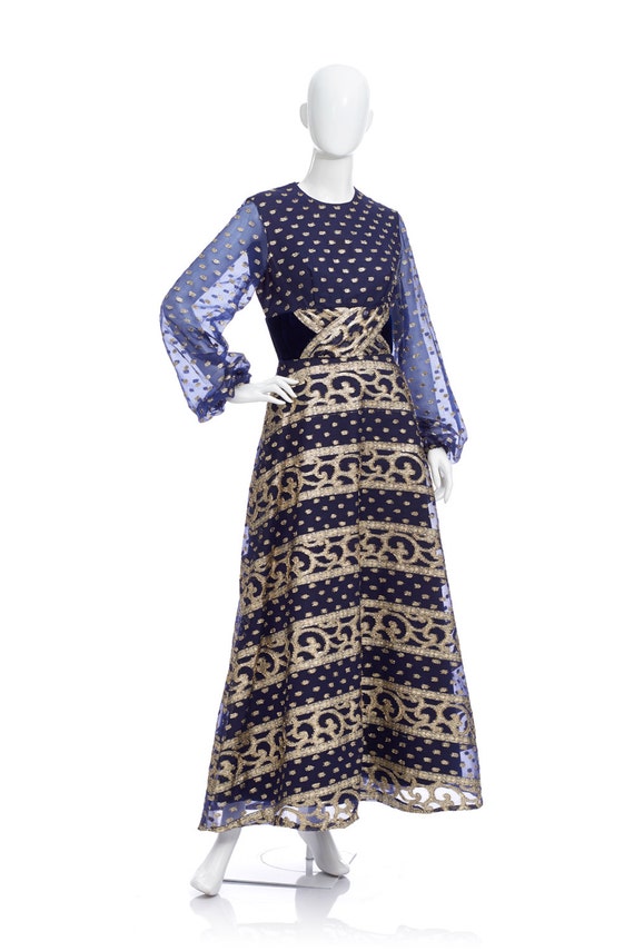 Vintage 70’s Blue Psychedelic Print BROCADE Metall