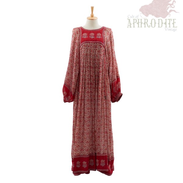 Vintage 70s Rare Indian Cotton Gauze Quilted Bib Etnic Floral BALLOON Sleeves Sheer Hippie Boho Tiered Festival Gypsy Maxi DRESS