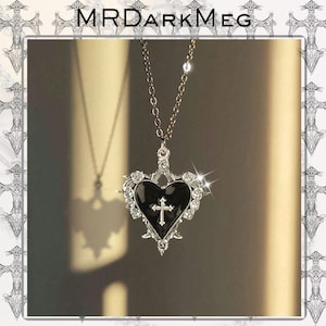 Gothic Black Heart Cross Necklace – Vintage Rose Pendant Chain With Silver Ornate Frame, Dark Aesthetic Y2K Jewelry For Women & Girls