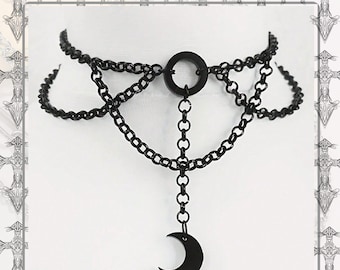 Gothic Black Moon Choker, Crescent Pendant, Layered Chain Collar