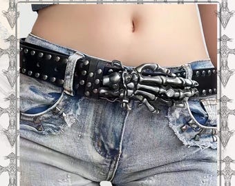 Skeleton Hand Vegan Leather Studded Belt – Y2K Gothic Punk  display picture 2