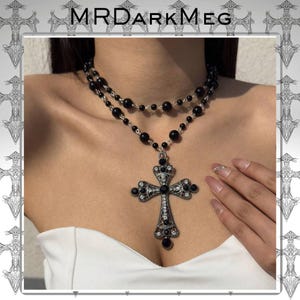 Gothic Cross Necklace for Women, Black Beaded Layered Pendant Set with Glass Rhinestones, Victorian Alt Jewelry Gift