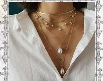 Layered Pearl Drop Necklace – Gold Baroque Gothic Choker Set for Women