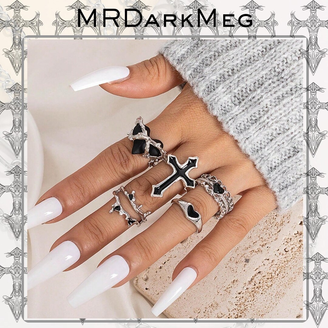 5pcs Black Heart Cross Ring Set – Adjustable Silver Rhinestone Rings ...