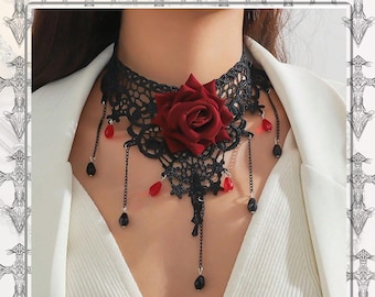 Gothic Red Rose Choker: Black Lace Victorian Necklace with Teardrop Beads