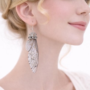 Può includere: Un orecchino d'argento con una parte superiore decorativa e un delicato pendente a forma di ala. Il pendente è bianco con venature grigie, che assomigliano a un'ala di libellula. L'orecchino è indossato all'orecchio.