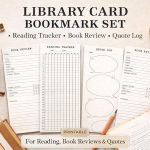 May include: A library card bookmark set with a reading tracker, book review, and quote log. The set includes printable pages with lines for notes and ratings. A cup of coffee, glasses, and a pencil are also visible.