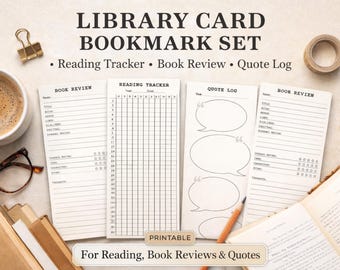 Bladwijzerset bibliotheekkaarten | Leestracker, boekrecensie, quotelogboek (afdrukbaar)