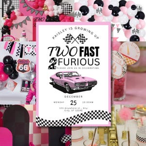 May include: A pink and black themed party decoration set. The centerpiece is a party invitation with the text "Two Fast Two Furious" and a pink car illustration. Balloons, banners, and Route 66 signs complete the racing theme.