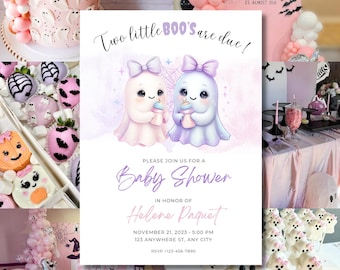 Twin Girl Baby Shower Invitation: Two Little Boos Halloween Theme (Canva Template Digital Download)