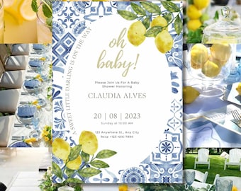 Lemon Baby Shower Invitation: Mediterranean Tile, Editable Canva Template (5x7" Digital Download)