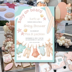 Surfing Baby Shower Invitation Girl: Beach Theme, Editable Canva Template (Digital Download)