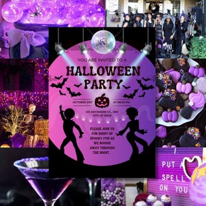 Halloween Party Invite – Editable Canva Template – Black & Purple Disco Theme – 5x7 Printable + Facebook Covers – Digital Download
