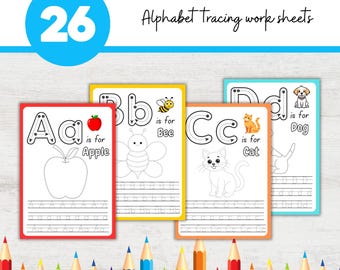 Puede incluir: Cuatro hojas de trabajo de trazado del alfabeto con las letras A, B, C y D, cada una con una imagen y una palabra correspondientes. Las hojas de trabajo son rojas, amarillas, naranjas y azules. También se incluye el texto "Download. Print. Trace. Alphabet Tracing Worksheets."