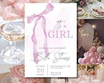 Puede incluir: Un collage de elementos rosas para una fiesta de bienvenida. Una invitación central dice "It's a Girl" con el nombre "Bella Stevens". Otros elementos incluyen un pastel, champán, obsequios y globos decorativos.