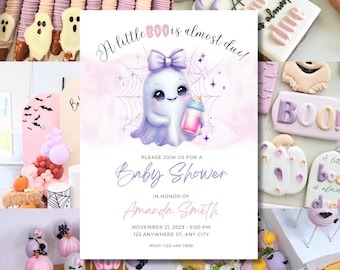 Pink Ghost Baby Shower Invitation: Halloween Theme, Editable Canva Template (Digital Download