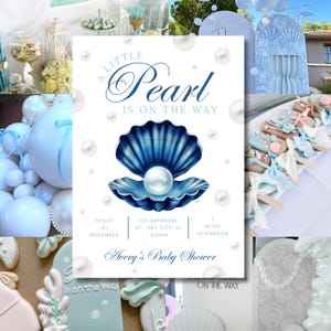 A Little Pearl Is on the Way Baby Boy Shower Invite | Blue Clam Shell Canva Template | Editable Ocean Baby Shower Invitation |