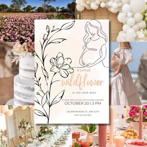 Dziki kwiatek, edytowalne zaproszenie na baby shower i okładka na Facebooka – Mały dziki kwiatek w drodze – kwiatowy szablon Canva