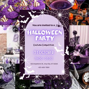 Halloween Party Invite – Editable Canva Template – Black White Light Purple – Spiders Webs Bats – 5x7 + Facebook Covers