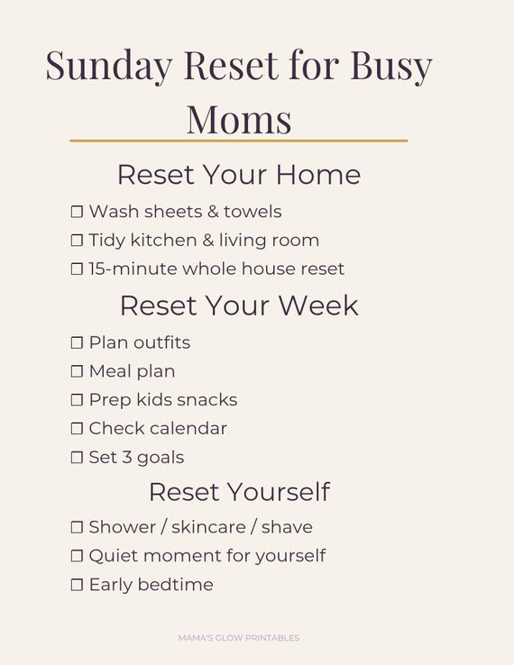 Sunday Reset Checklist | Printable Planner for Busy Moms (Digital Download)