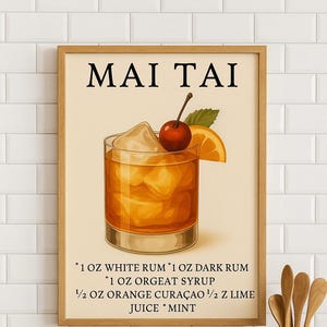 Póster de cóctel Mai Tai – Arte mural de bebida tropical Tiki – Decoración para amantes del ron – Bar isleño vintage imprimible – Descarga digital instantánea
