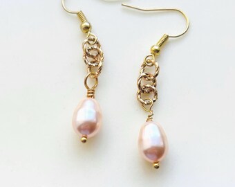 Peach Swarovski Pearl Earrings: Gold Hooks