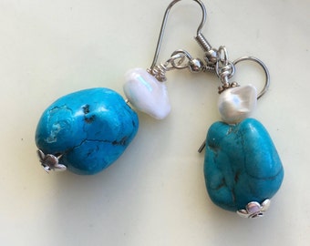 Turquoise and Fresh Water Pearl Earrings, Turquoise and White Earrings, Blue and SilverEarrings,