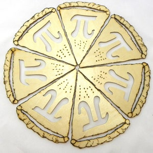 May include: A set of eight wooden pie-shaped ornaments, each featuring a cutout of the mathematical symbol for pi. The ornaments are arranged in a circle, with the points of the pie slices facing outward.