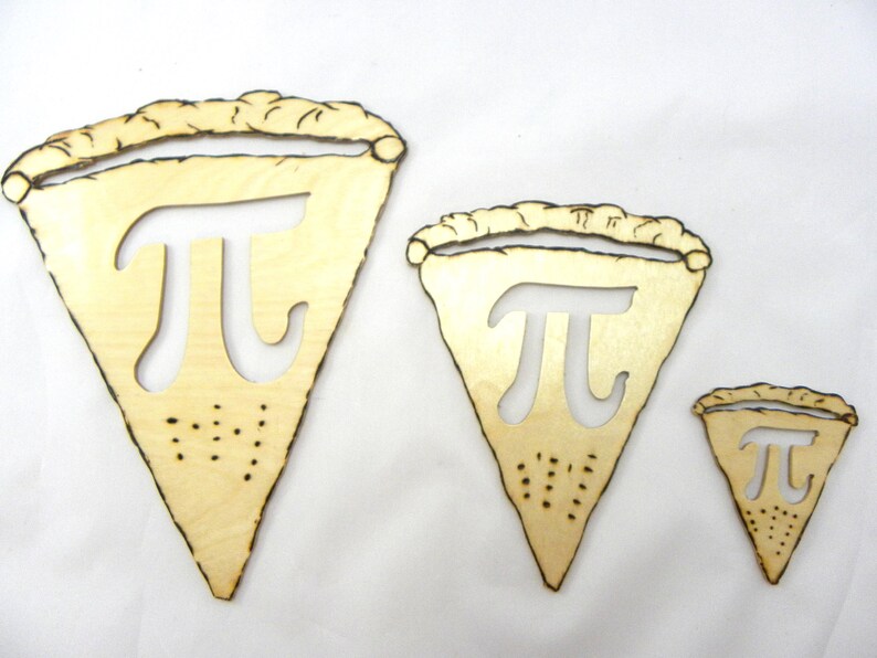 May include: Three wooden pie slice shapes with the mathematical symbol pi cut out of the center. The slices are different sizes and are arranged from largest to smallest.