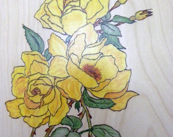 May include: A close-up of a wood carving depicting yellow roses with green leaves and stems.